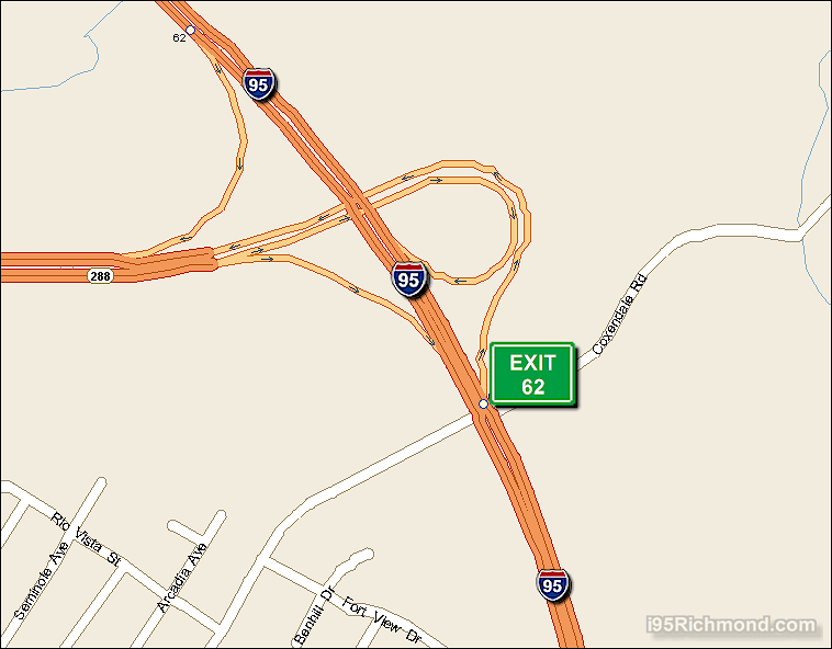 Map of Exit 62 North Bound on Interstate 95 Richmond at State Route 288 WW2 Veterans Memorial Hwy