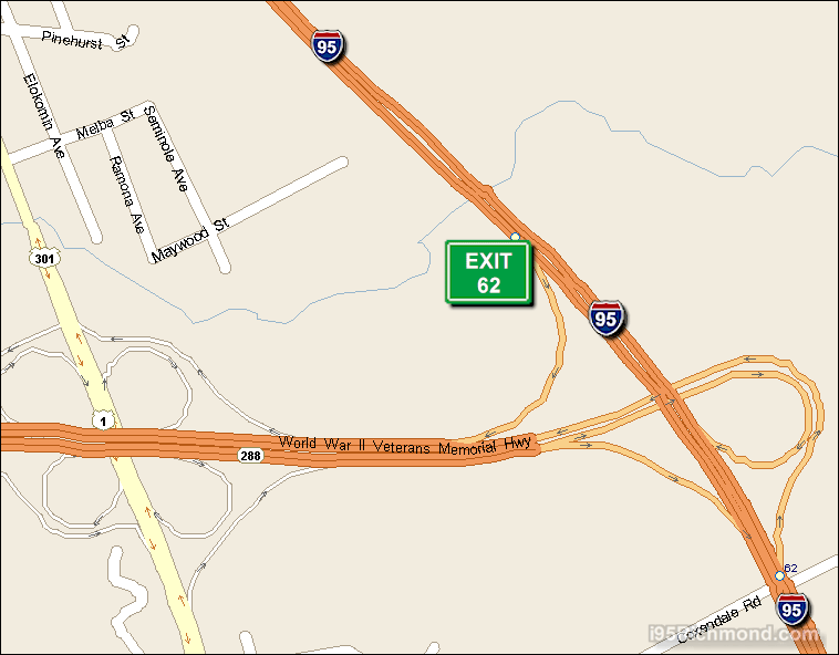 Map of Exit 62 South Bound on Interstate 95 Richmond at SR 288 World War 2 Vetrans Memorial Highway