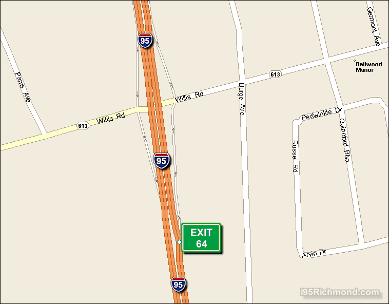Map of Exit 64 North Bound on Interstate 95 Richmond at Willis Rd. SR 613