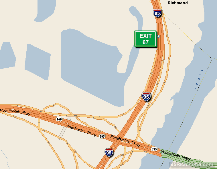 Map of Exit 67 South Bound on Interstate 95 Richmond