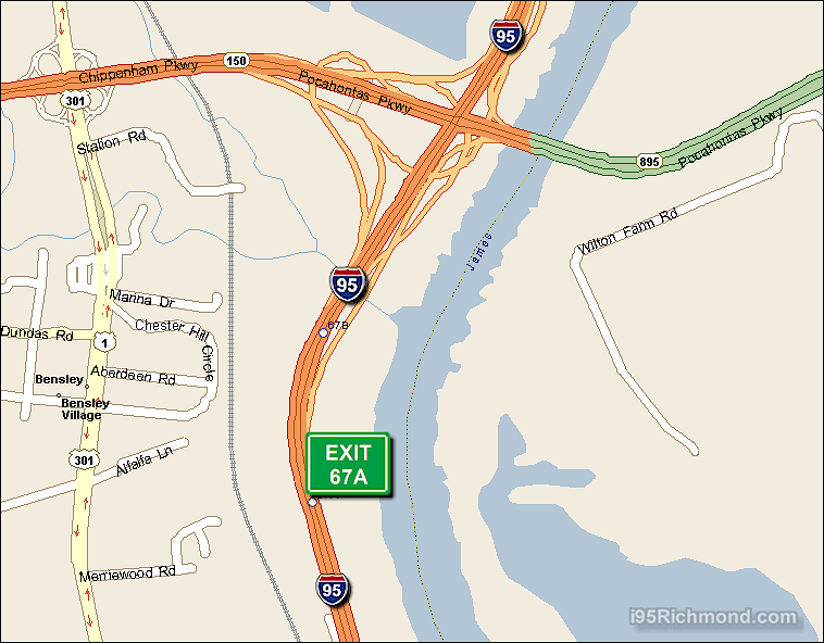 Map of Exit 67A North Bound on Interstate 95 Richmond at Pocahontas Parkway SR 895