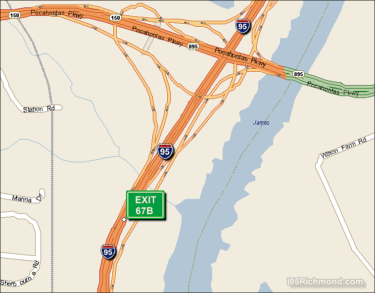 Map of Exit 67B North Bound on Interstate 95 Richmond at Chippenham Parkway / Pocahontas Parkway SR 150