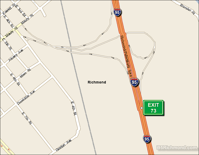 Map of Exit 73 North Bound on Interstate 95 Richmond at Maury Street