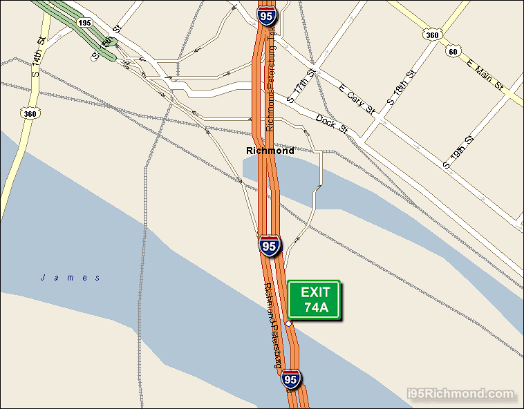 Map of Exit 74A North Bound on Interstate 95 Richmond at Downtown Expressway SR 195