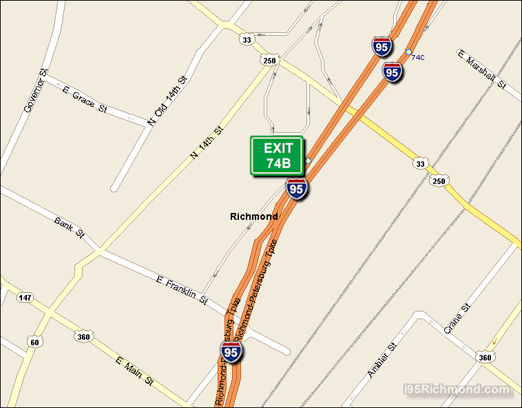 Map of Exit 74B South Bound on Interstate 95 Richmond