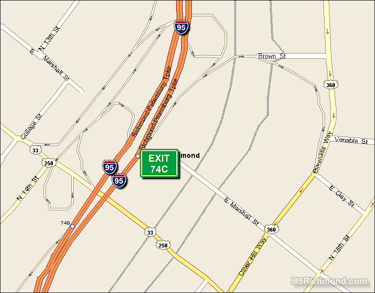 Map of Exit 74C North Bound on Interstate 95 Richmond at Oliver Hill Way SR 360 and Broad St. E