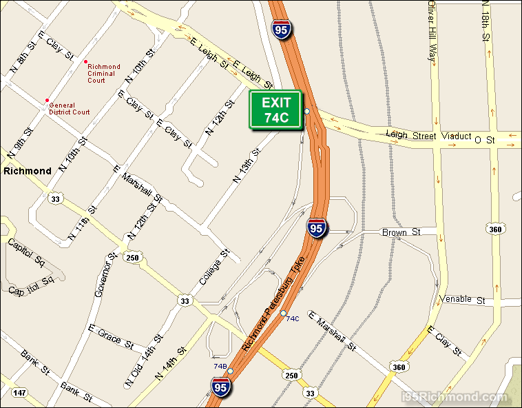 Map of Exit 74C South Bound on Interstate 95 Richmond at Broad Street E US-33 and US-250
