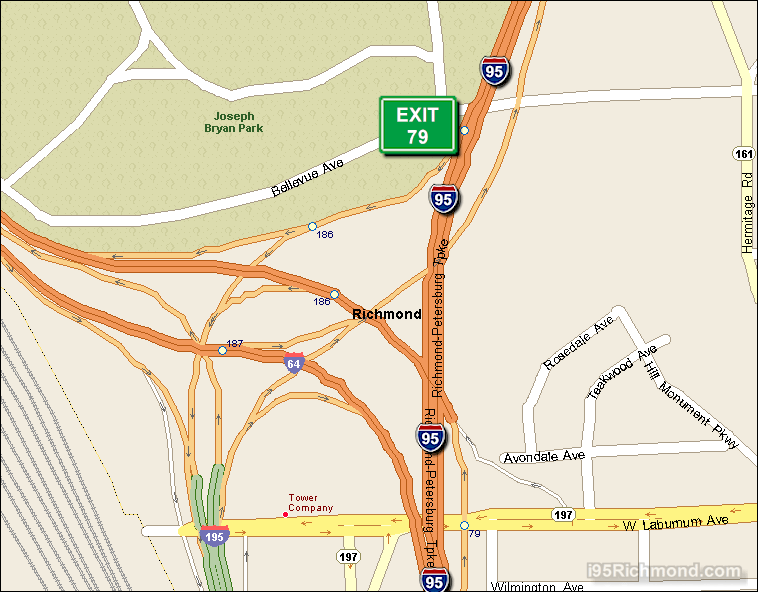 Map of Exit 79 South Bound on Interstate 95 Richmond at i-64