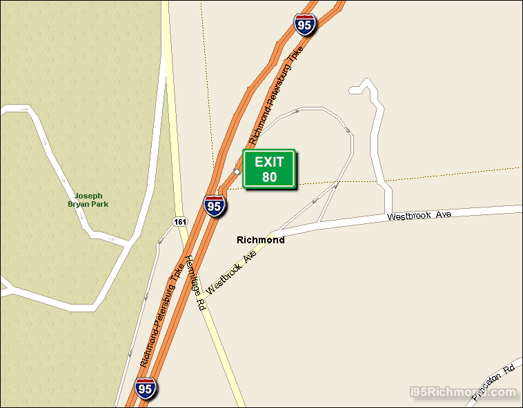 Map of Exit 80 North Bound on Interstate 95 Richmond at Hermitage Rd SR 161