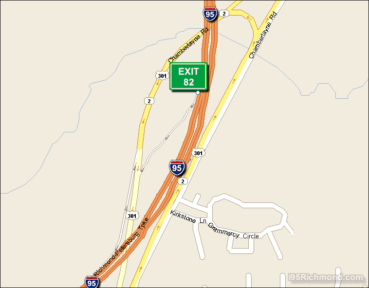 Map of Exit 82 South Bound on Interstate 95 Richmond at Chamberlayne Ave