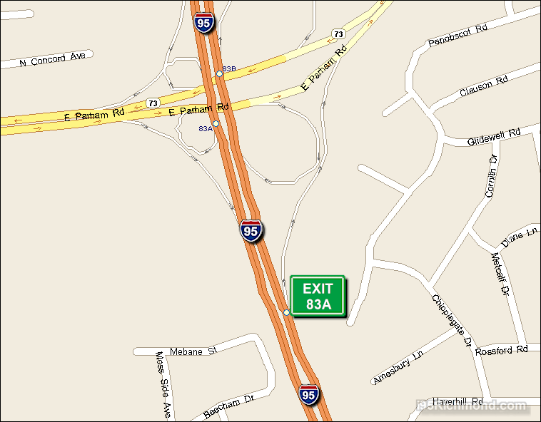 Map of Exit 83A North Bound on Interstate 95 Richmond at Parham Road East