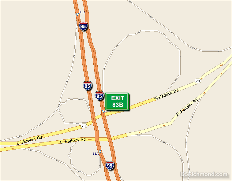 Map of Exit 83B North Bound on Interstate 95 Richmond at Parham Road E. Westbound