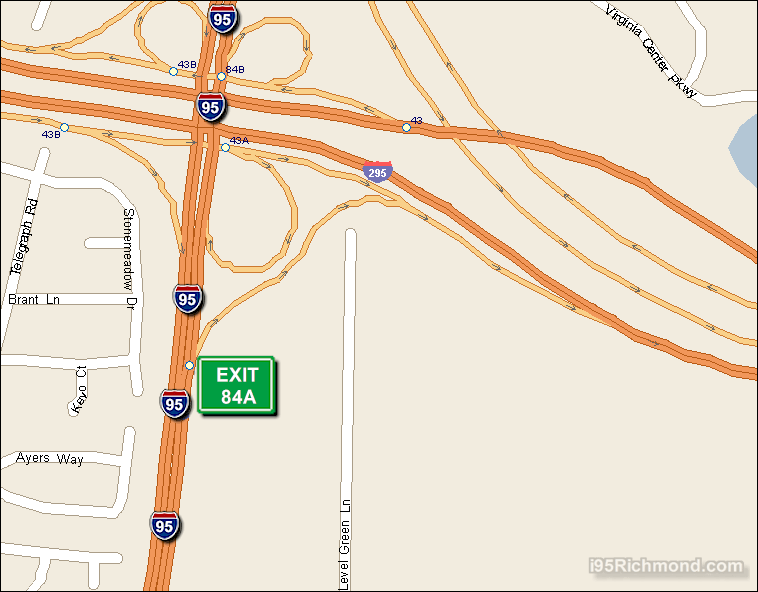 Map of Exit 84A North Bound on Interstate 95 Richmond at i-295 East