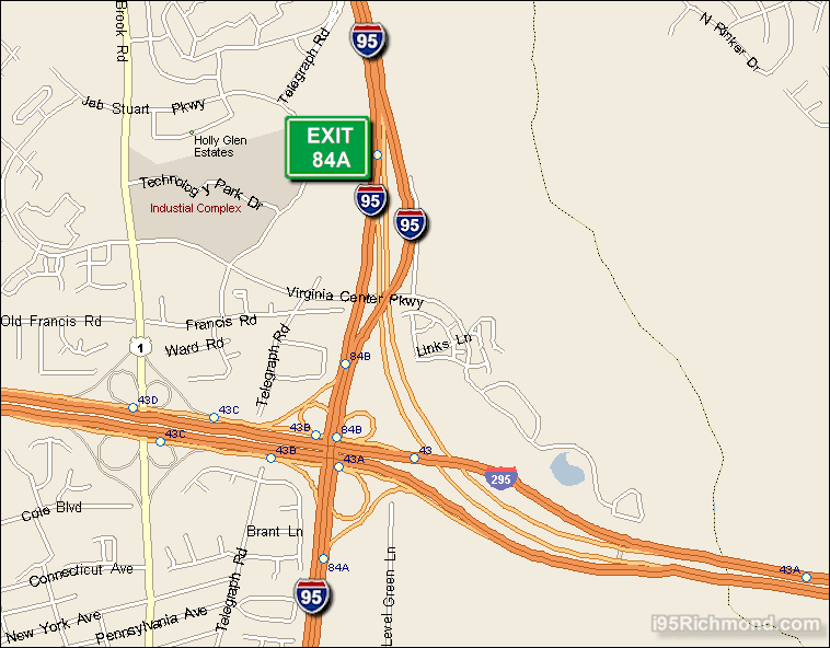 Map of Exit 84A South Bound on Interstate 95 Richmond at Interstate 295 East