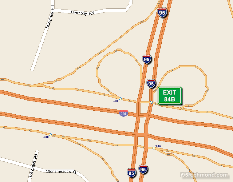 Map of Exit 84B North Bound on Interstate 95 Richmond at Interstate 295 West