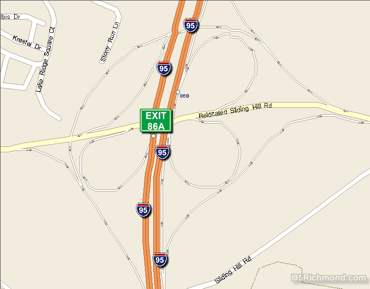 Map of Exit 86A South Bound on Interstate 95 Richmond at Sliding Hill Rd Eastbound