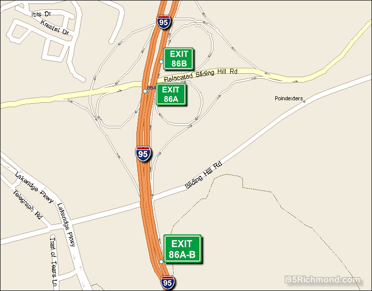 Map of Exit 86A-B North Bound on Interstate 95 Richmond at Sliding Hill Rd SR 656