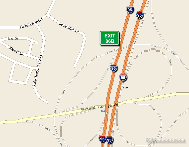 Map of Exit 86B South Bound on Interstate 95 Richmond at Sliding Hill Rd Westbound