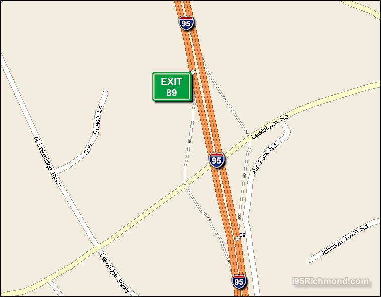 Map of Exit 89 South Bound on Interstate 95 Richmond at Lewistown Rd SR 802