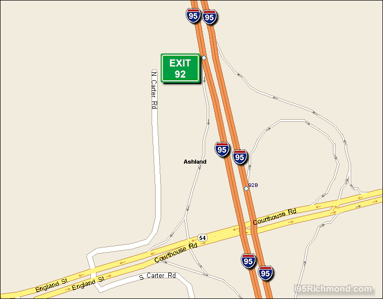 Map of Exit 92 South Bound on Interstate 95 Richmond at England Street SR 54