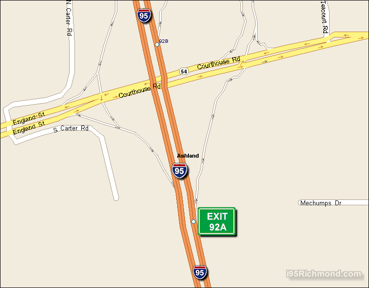 Map of Exit 92A North Bound on Interstate 95 Richmond at Patrick Henry Rd Eastbound SR 54